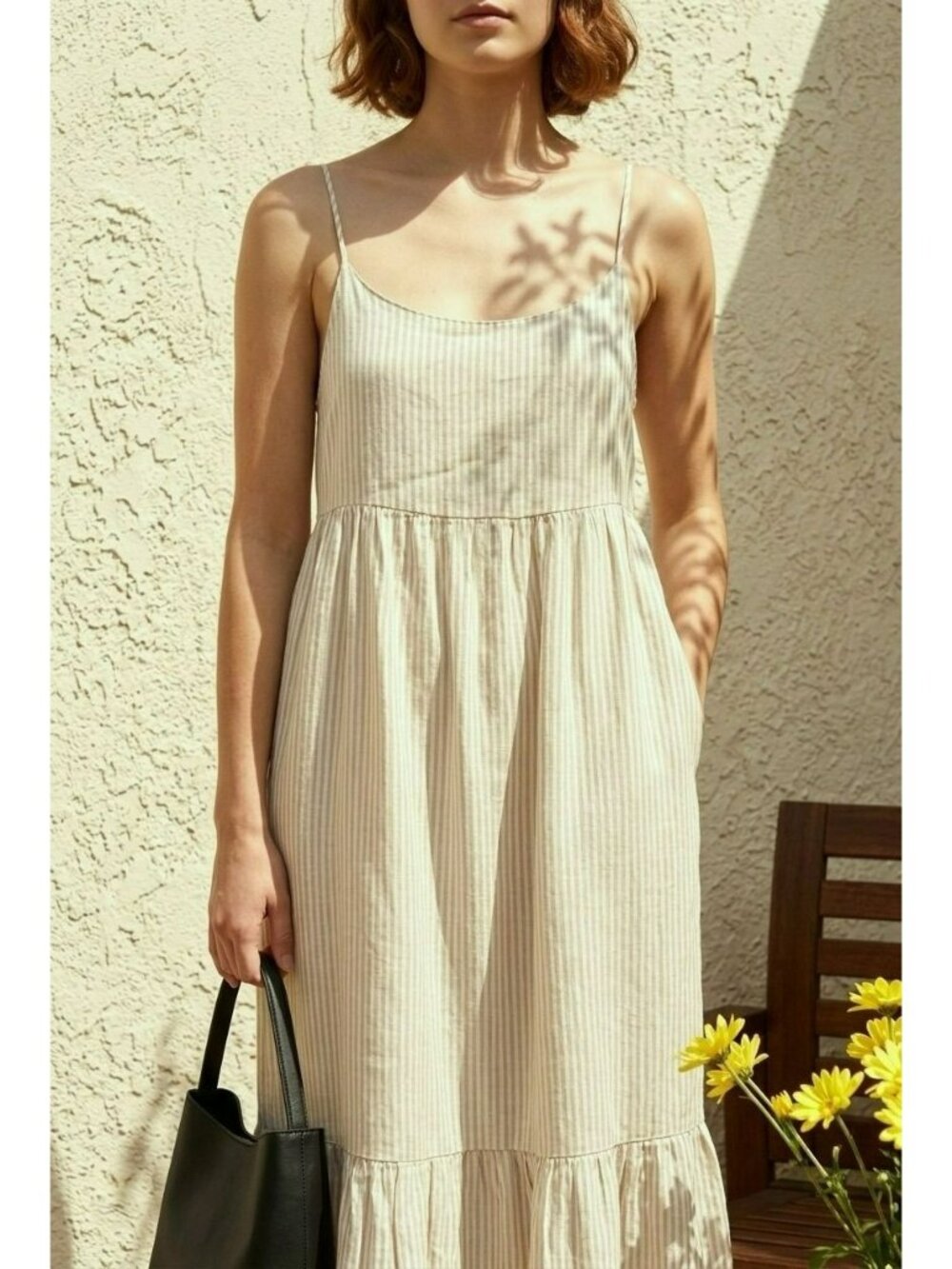 Elan White w Tan Stripe Scoop Neck Tiered A-line Cottagecore Midi Sundress SZ L